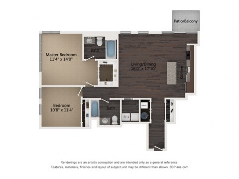 Floor plan for 2 beds, 2 baths, 1179 sqft